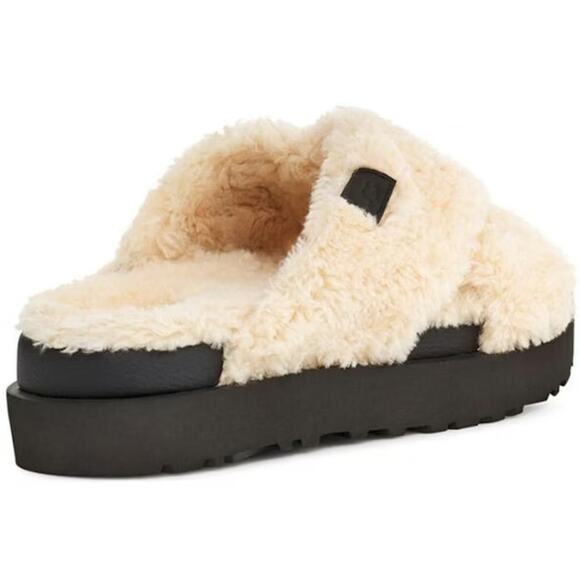 UGG Fuzz Sugar Cream Black Cross Platform Slip On Slide Slippers Women’s Size 9 - Picture 2 of 8